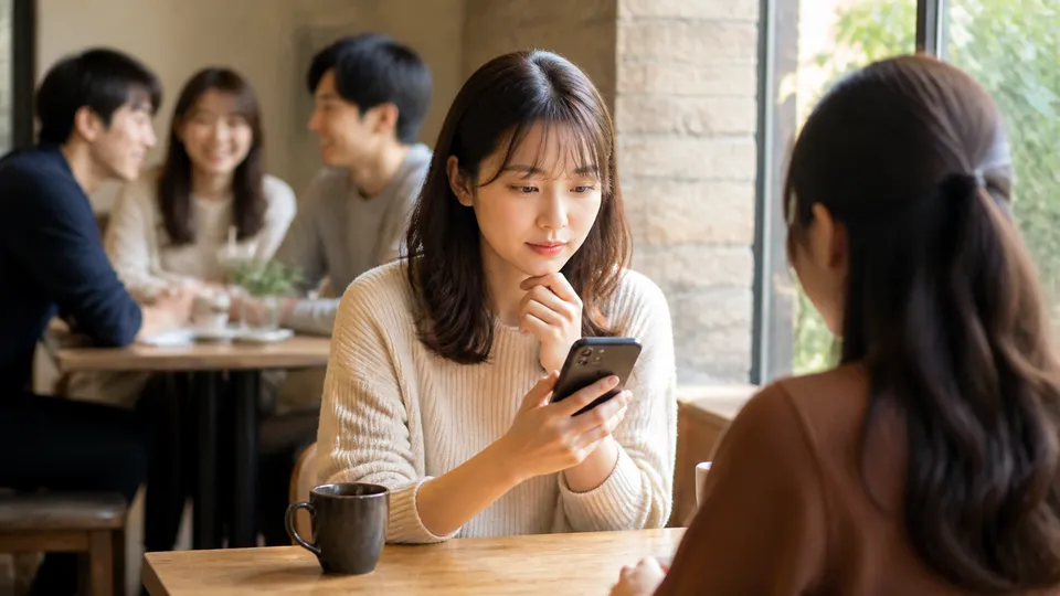 友達の集まりで公開コメントと個別連絡のどちらを使うか考える女性