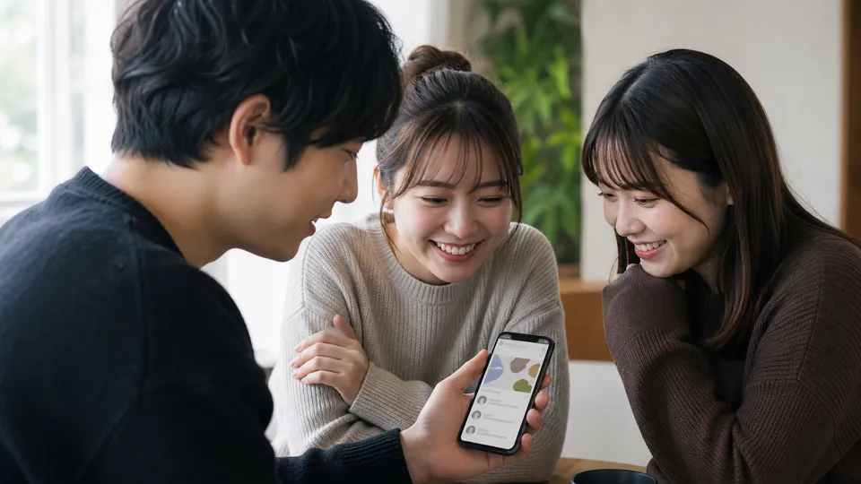 一人のスマートフォンに表示したコメントを一緒に見る三人の友達