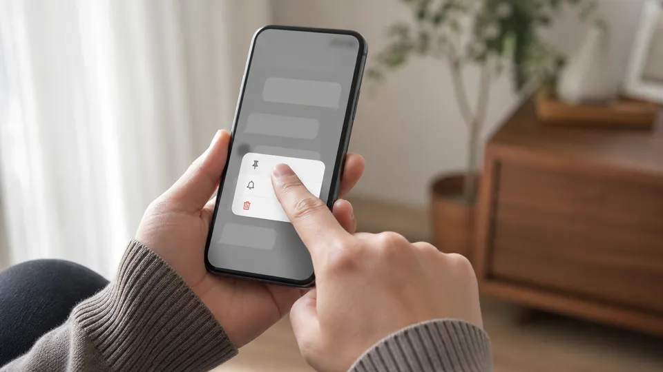 スマートフォンのコメントを長押しして削除操作をする手元