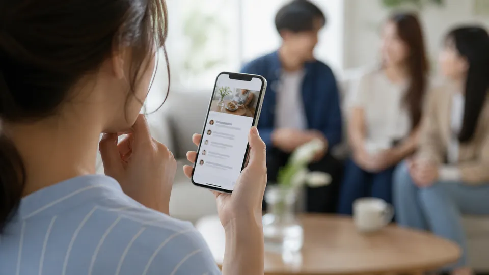 BeRealのコメント公開範囲をスマートフォンで確認する女性
