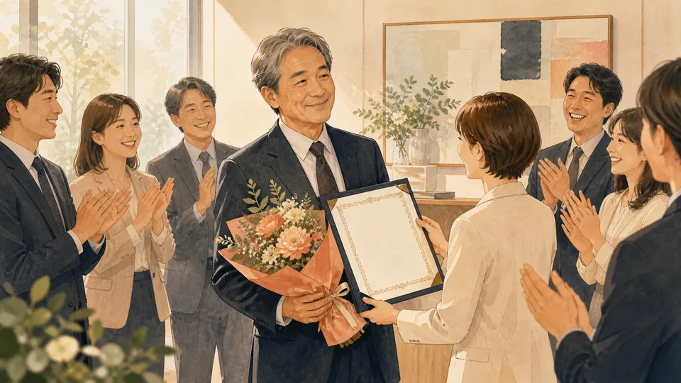 永年勤続表彰で賞状と花束を受け取り同僚から祝福される社員