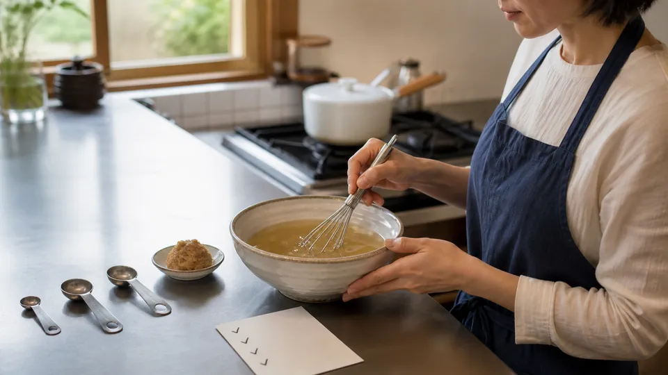 中華スープ作りの計量ミスをチェックリストで確認する台所