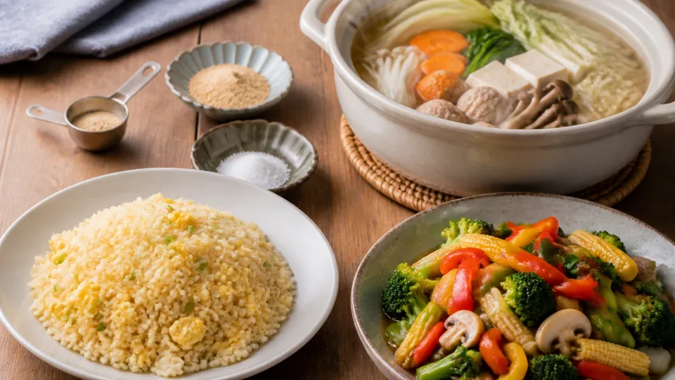 炒飯と野菜炒めと鍋料理を並べて調味料の量を考える台所