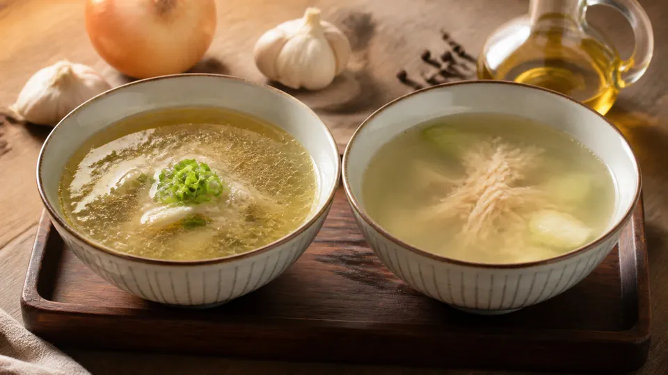 二種類の中華スープを香りと油分の違いに注目して見比べる様子