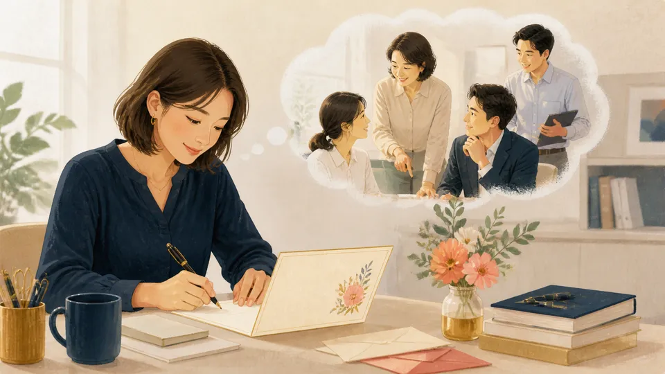 相手の仕事ぶりを温かく思い浮かべながら表彰メッセージを書く様子