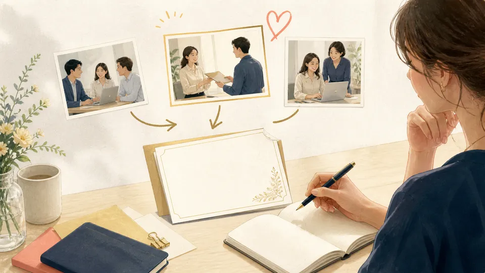 一緒に働いた具体的な場面を思い出して表彰メッセージへ落とし込む様子