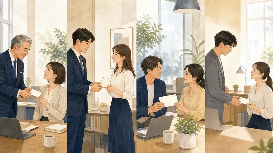 立場の異なる職場の人同士が感謝のカードを贈り合う様子