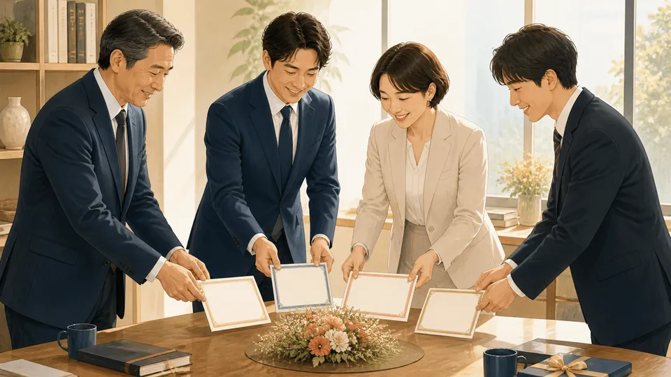 会社や上司や同僚や後輩の立場から用意された四枚の表彰カード