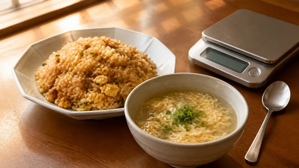 中華スープと炒飯が完成し計量道具を片付ける食卓