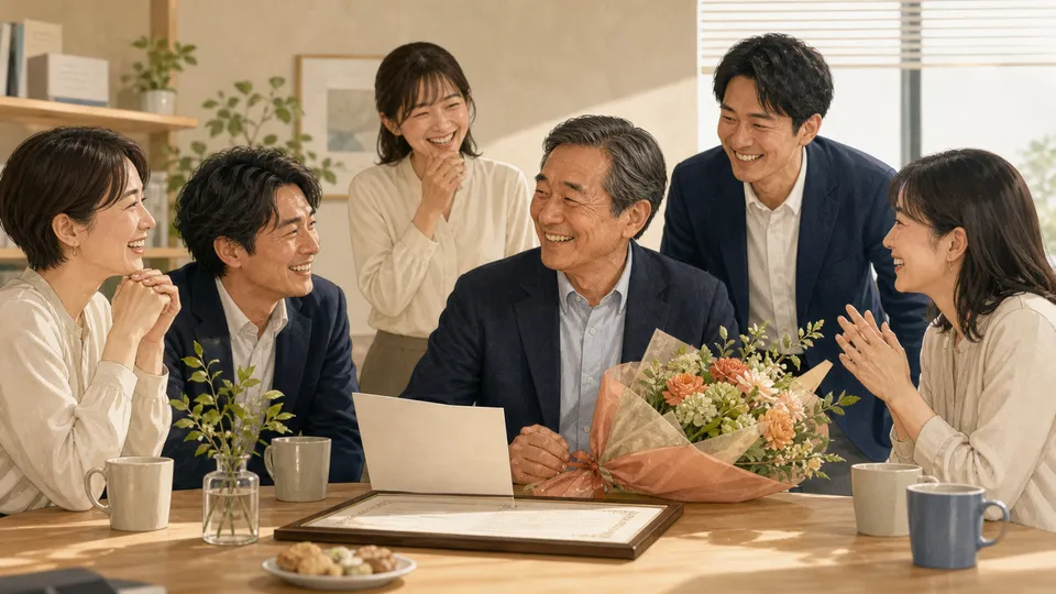 永年勤続表彰を終えて同僚と温かな笑顔を交わす社員
