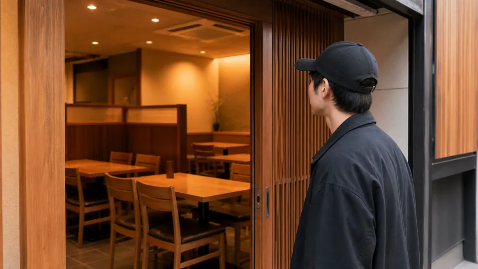 空席の飲食店入口で店内の雰囲気を確認する帽子姿の男性