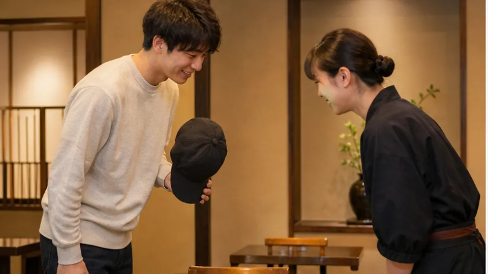 落ち着いた和食店の入口で帽子を手に持ち同席者へ挨拶する男性