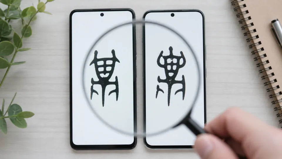 二台のスマートフォンで漢字の字形表示を見比べる様子