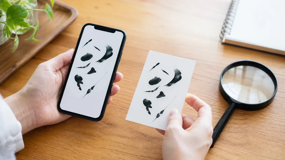 スマートフォンで旧字体と新字体を見比べる女性