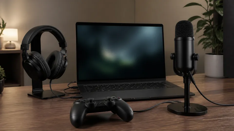 パソコンにつないだヘッドセットでゲーム音と通話音声を聞くデスク