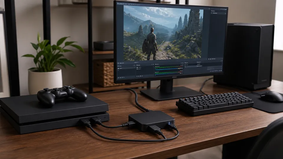 ゲーム機とパソコンの間に小型キャプチャー機器を接続した配信環境