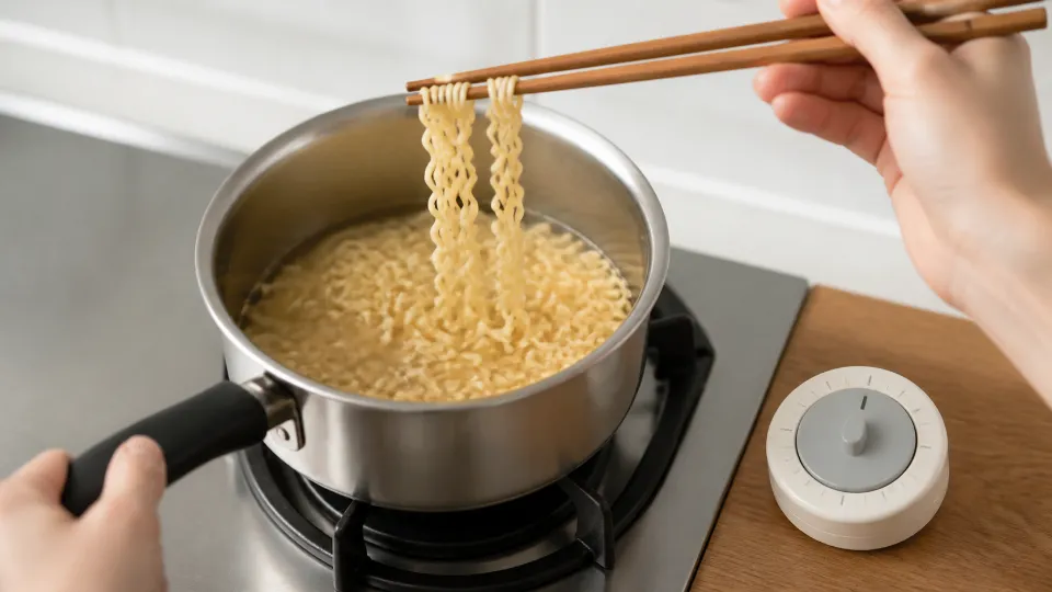 サリ麺をタイマーと麺の状態で確認するイメージ