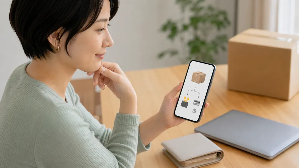 通販の返金先をスマートフォンと財布で確認する様子
