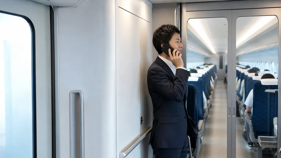 新幹線のデッキで周囲に配慮しながら小声で電話する乗客