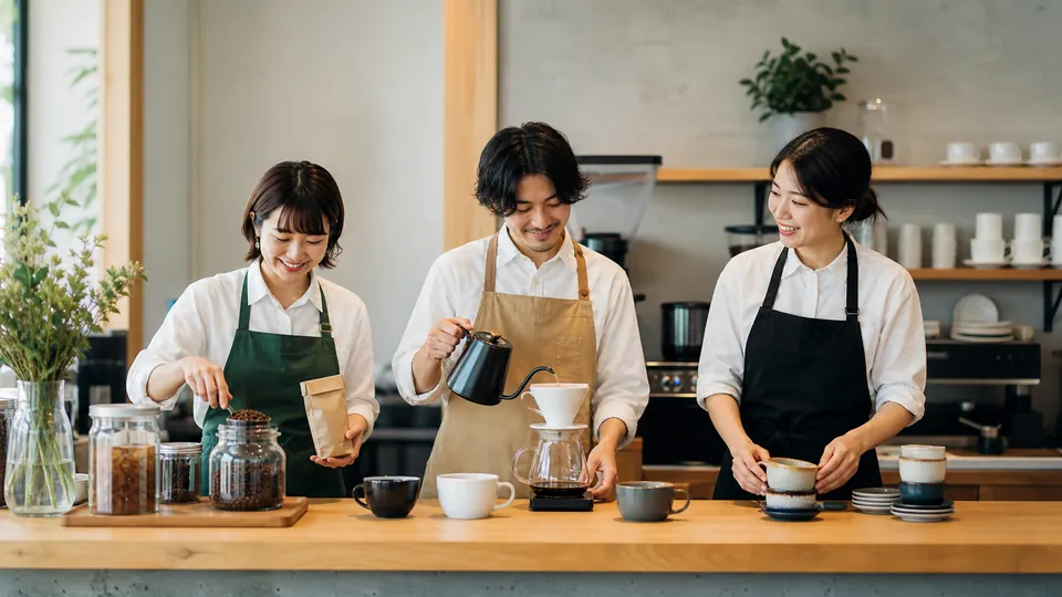 カフェ店員の役割とエプロンの違いを見比べる利用客