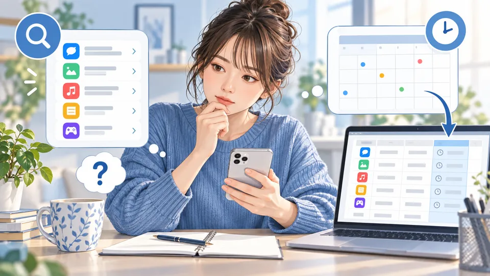 スマートフォンのアプリ履歴と日付をパソコンで確認する女性