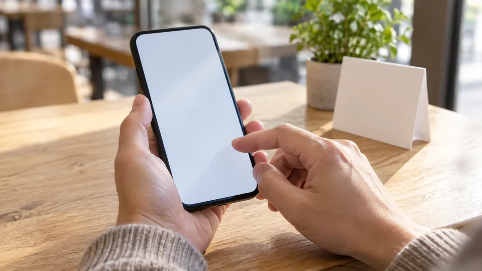 カフェの案内カードを横にスマートフォンを操作する手元のイメージ