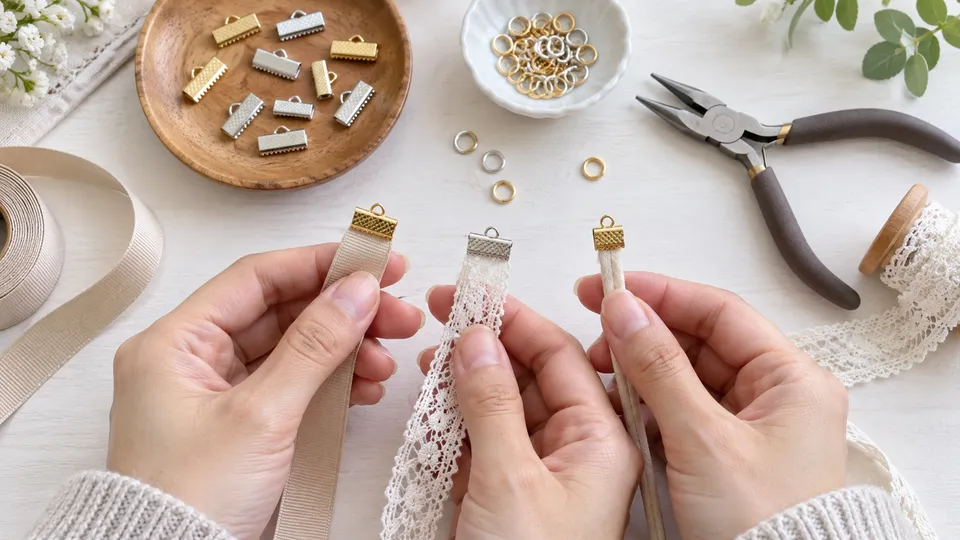 リボンや平ひもの端に合う小さな金具を作業机で見比べる手元