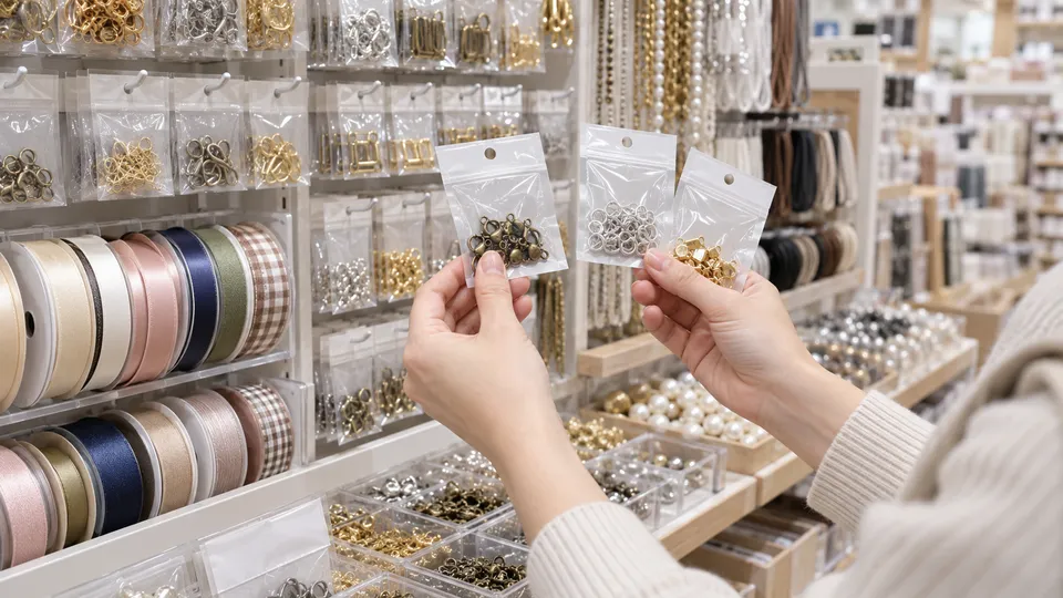 100円ショップ風の手芸用品棚で形の異なる小さな金具を見比べる人