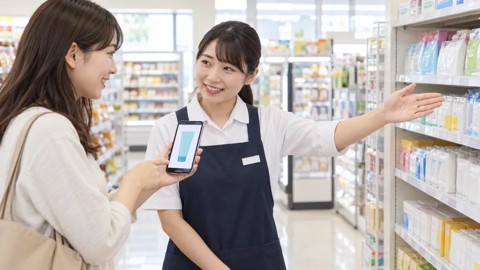 商品画像を見せながら売り場を店員に尋ねる買い物客