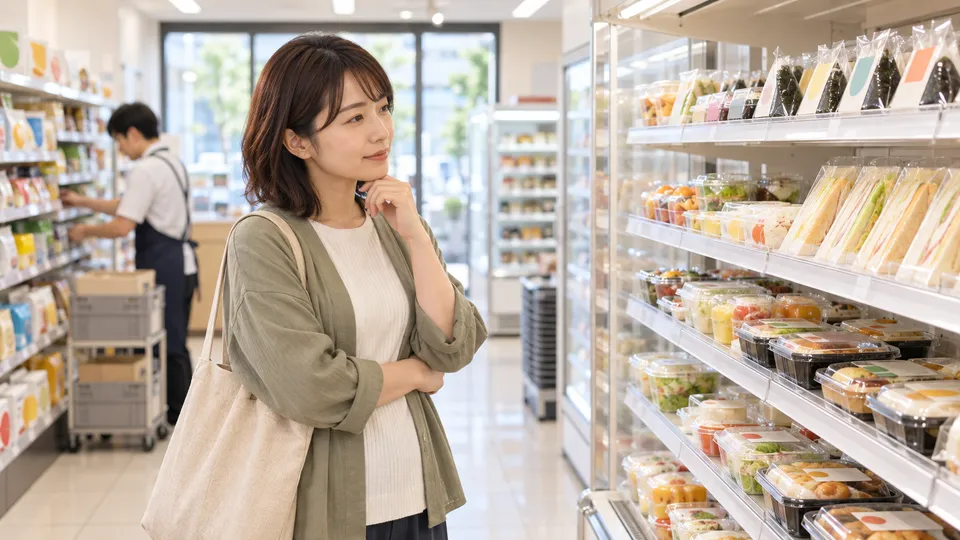 品出し中のコンビニで商品棚を見ながら買い物の時間を考える女性