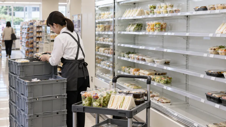 配送された商品を検品してから空いた棚へ並べるコンビニ店員