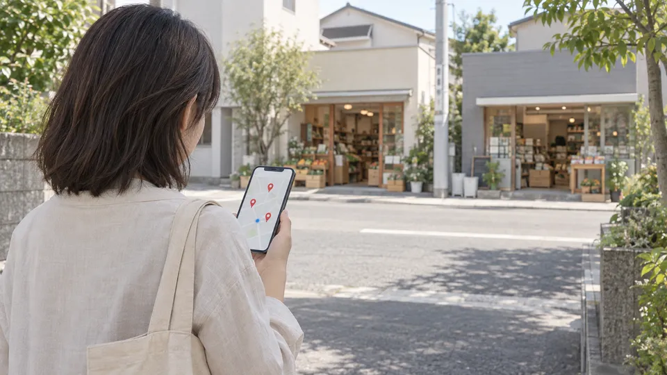 スマートフォンの地図で近隣の別店舗を探す買い物客