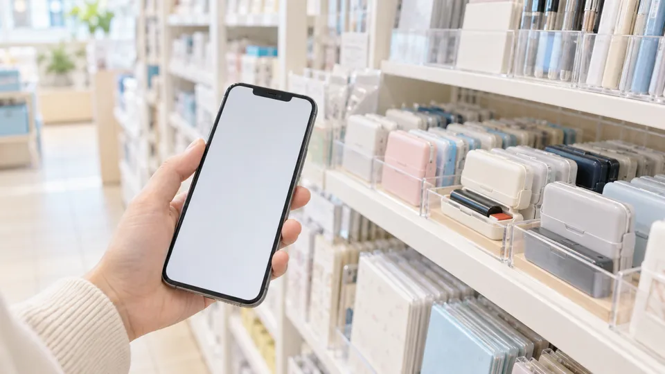 文具棚の前で文字のないスマートフォンを見ながら在庫を確認する手元