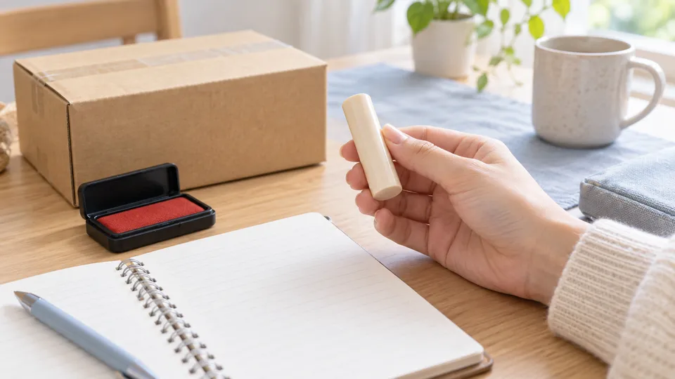 文字のない印鑑と荷物を前に注文の準備をする手元