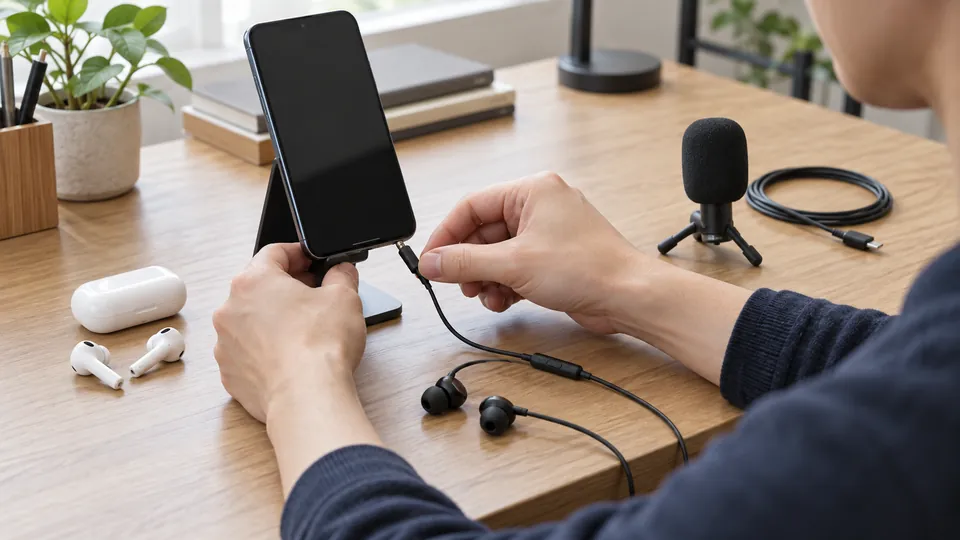 スマートフォンへ有線マイクと無線イヤホンを一つずつ接続して試す様子