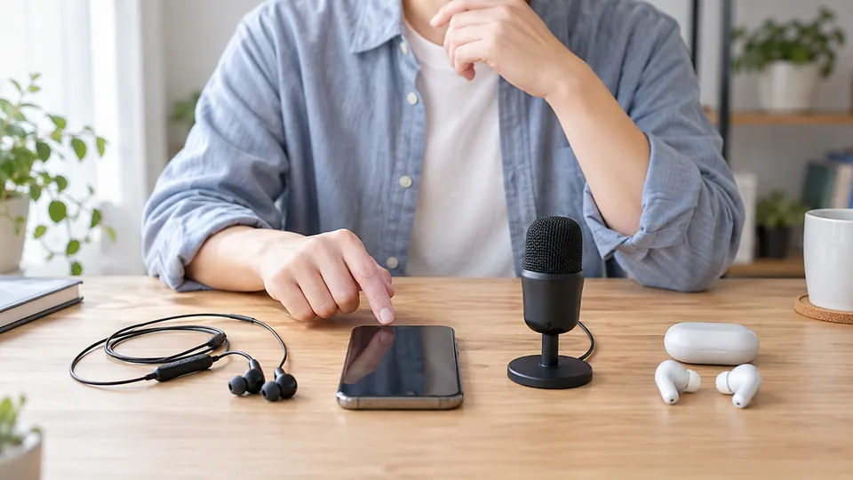スマートフォンと複数のマイク機器を並べてDiscord通話前に確認する様子