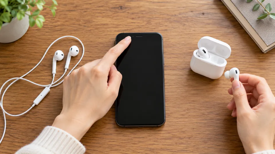 スマートフォン内蔵マイクと有線・無線イヤホンを並べて入力元を比べる様子