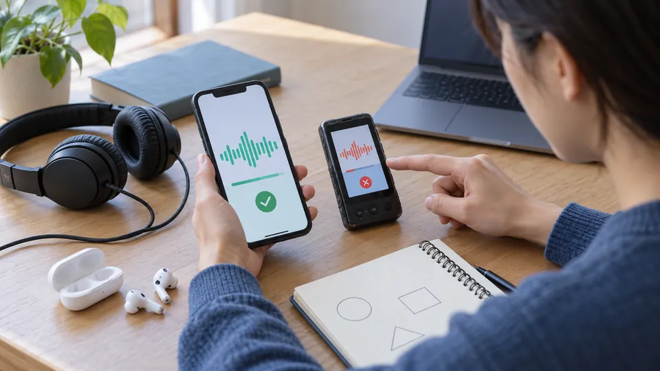 スマートフォンの録音結果と通話結果を見比べて原因を整理する様子
