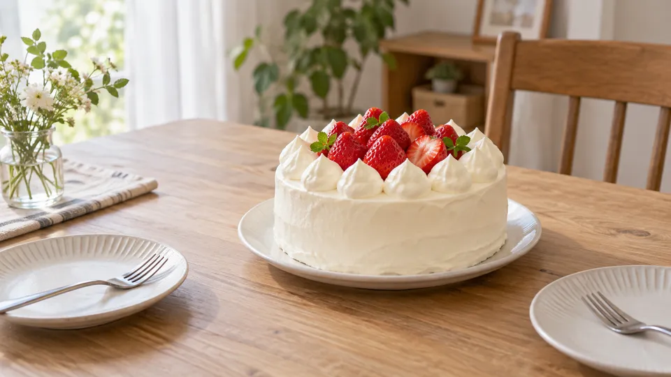 食卓に用意した苺のホールケーキと取り皿のイメージ