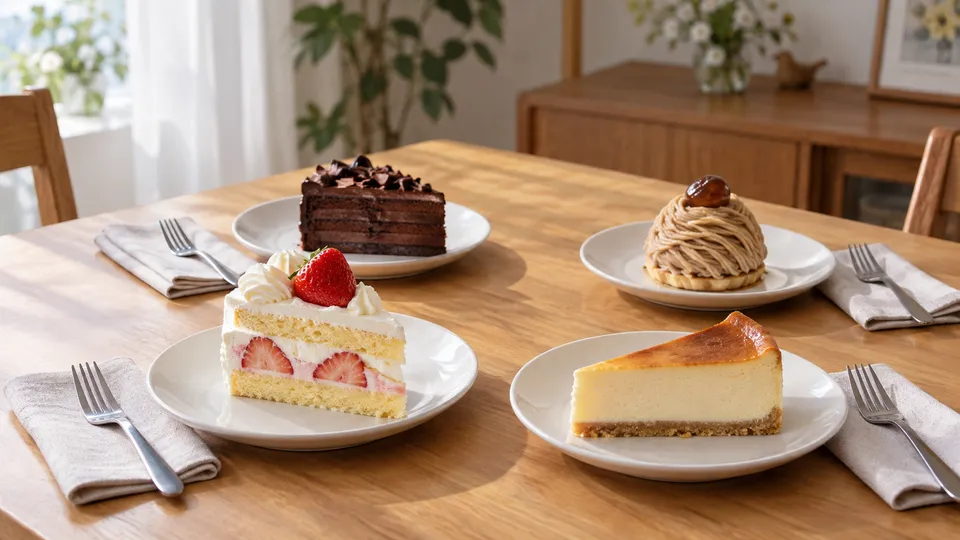 苺・チョコ・チーズ・栗のケーキを一人分ずつ皿に盛り付けたイメージ