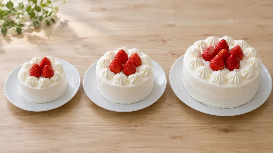大きさの異なる三つの丸いケーキを並べた比較イメージ