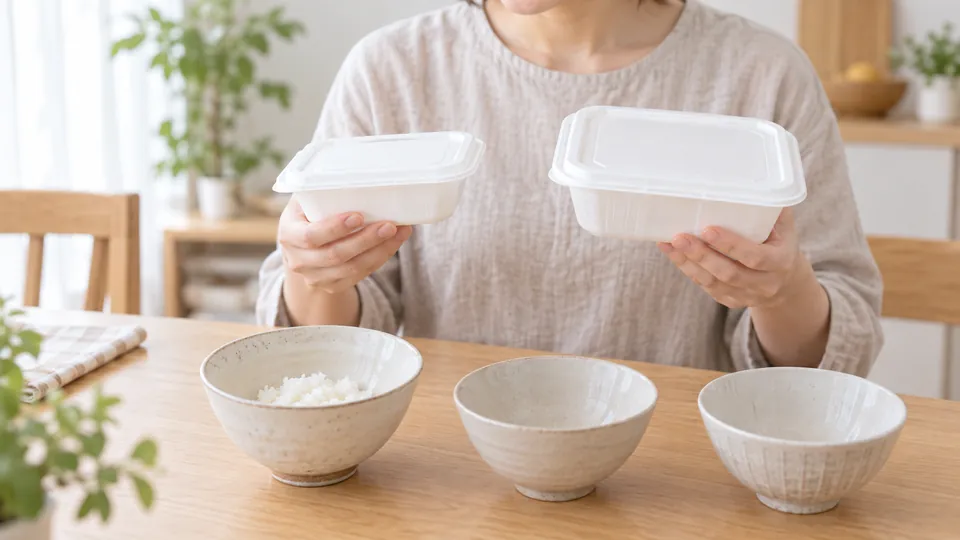 家に残る少量のご飯と空の茶碗を見て持ち帰りライスの大きさを考える様子