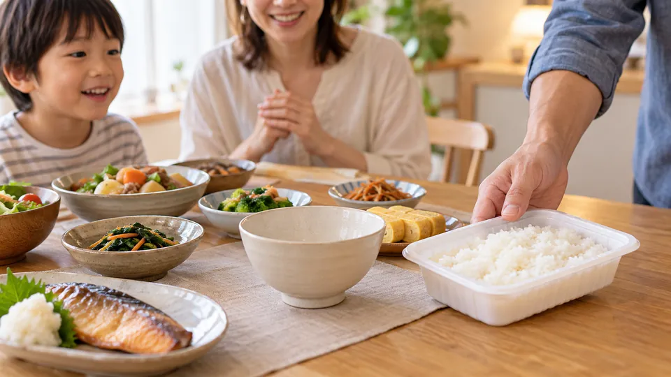家のおかずが並ぶ食卓へ持ち帰り容器の白いご飯を加える様子