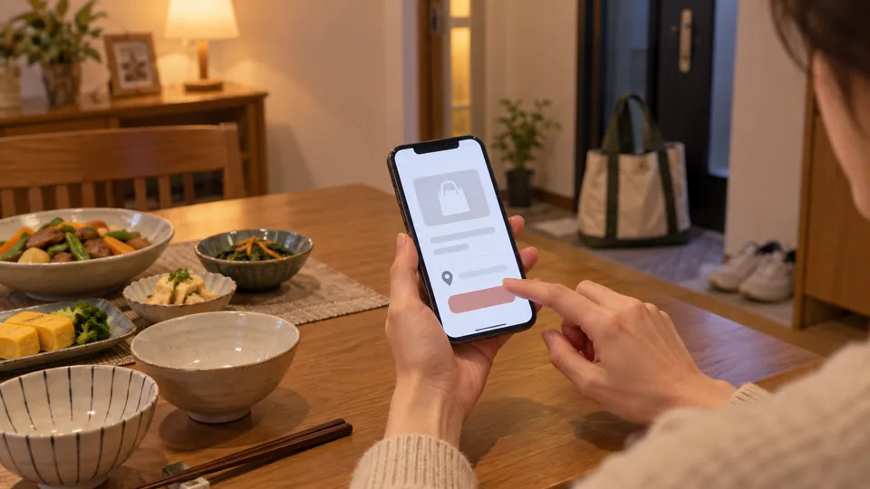 家の食卓でスマートフォンを操作しながらご飯の受け取りを準備する様子