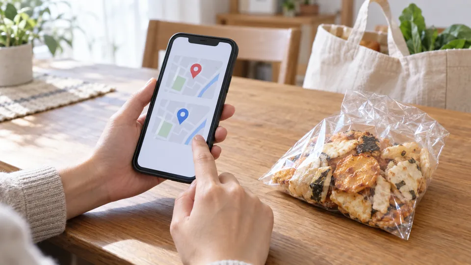 二つのスーパー売場候補をスマートフォンで見比べる買い物前の手元イメージ