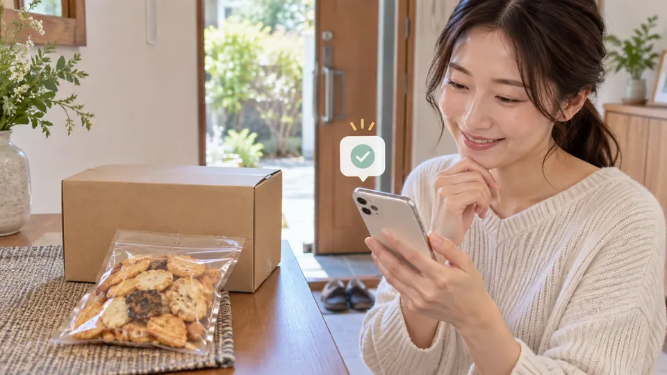 無地の配送箱とおかき袋、注文画面を開いたスマートフォンを玄関近くに置いた通販利用のイメージ