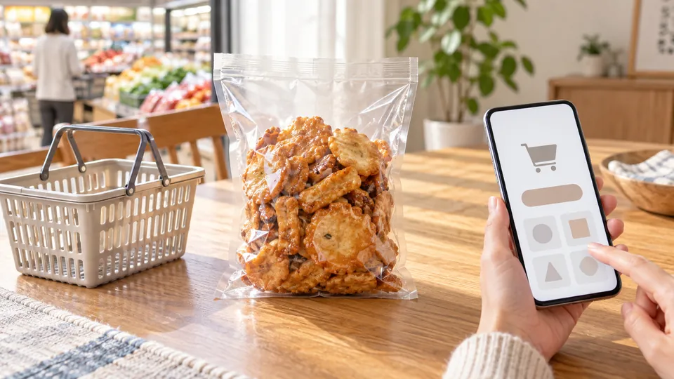 おかきの入った無地の袋と買い物かご、スマートフォンを食卓に並べた購入先検討のイメージ