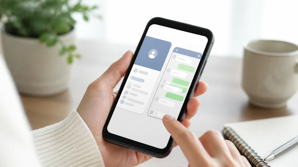 スマートフォンのプロフィールとメッセージ画面を見比べる手元