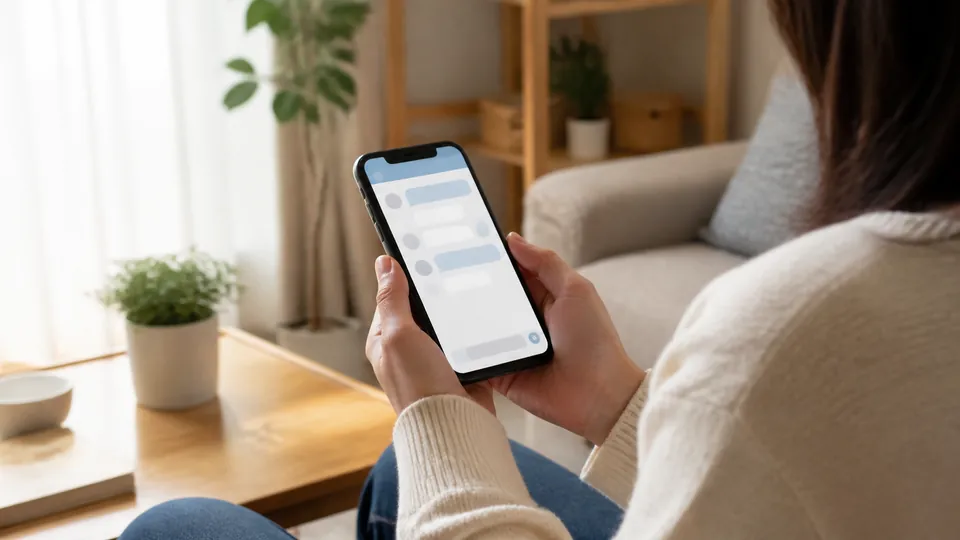 スマートフォンのメッセージ画面を見ながら落ち着いて状況を確認する人