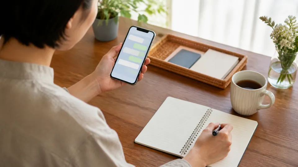 スマートフォンの会話を見ながらノートへ必要事項を控える人